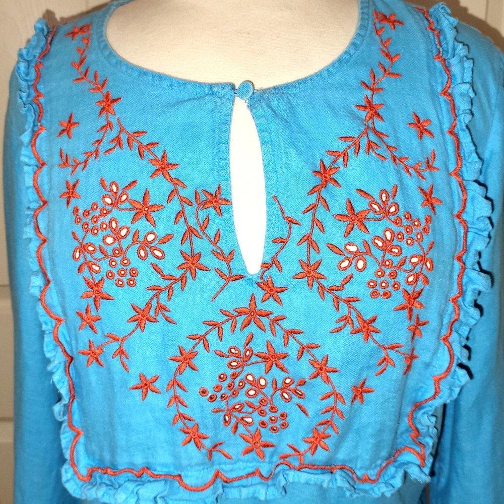 J. Crew Aqua Blue Red Embroidered 100% Linen Boho Peasant Hippie Tunic Blouse XL - Picture 3 of 10